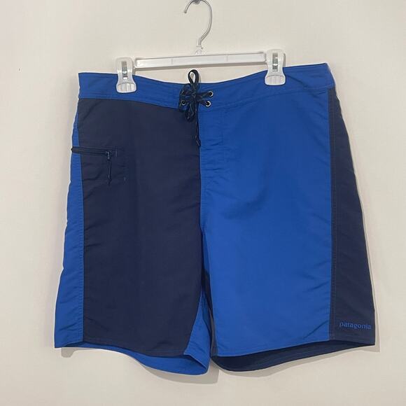 Patagonia Swim Trunks Mens 36 Blue Gray 100% Nylon Zipper Pocket Wavefarer UPF - Picture 1 of 12